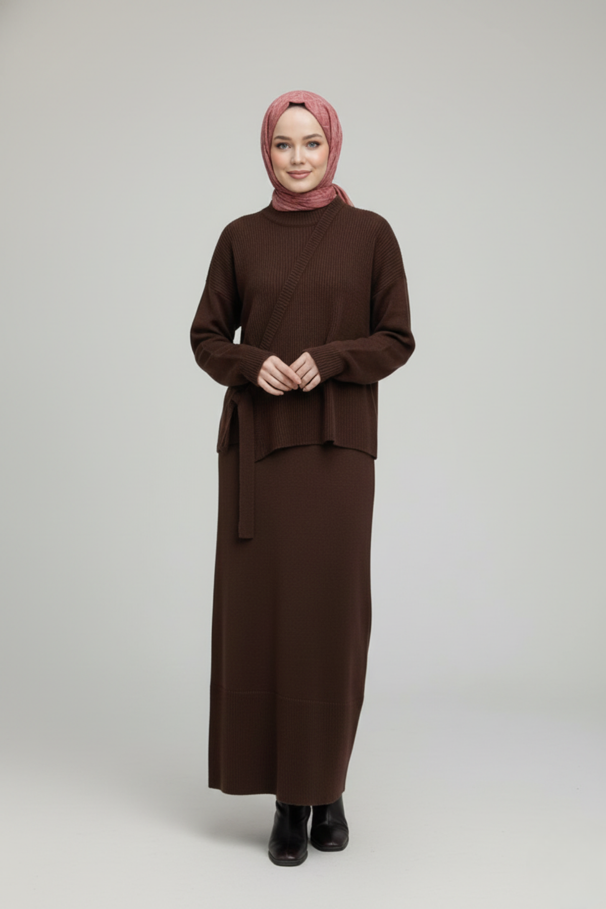Kadın Kahverengi Modest Triko Tunik Elbise Takım