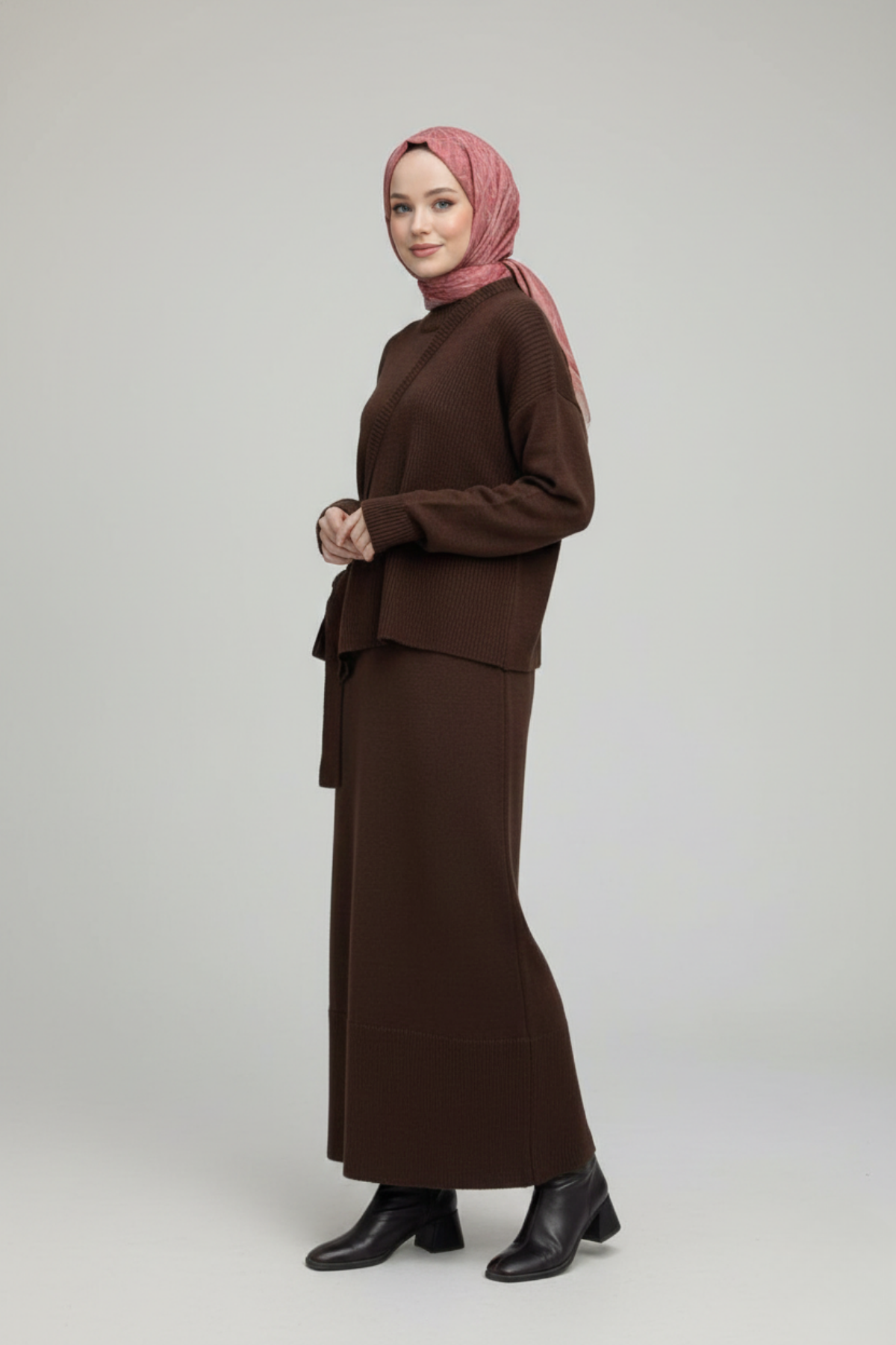 Kadın Kahverengi Modest Triko Tunik Elbise Takım - Görsel 3