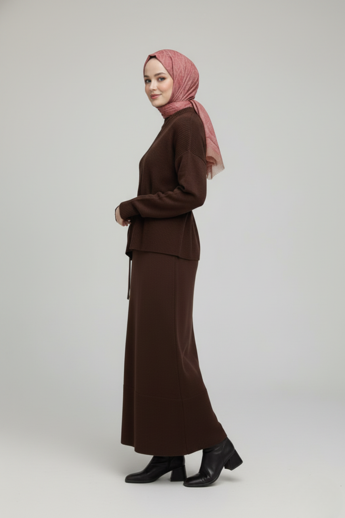 Kadın Kahverengi Modest Triko Tunik Elbise Takım - Görsel 4